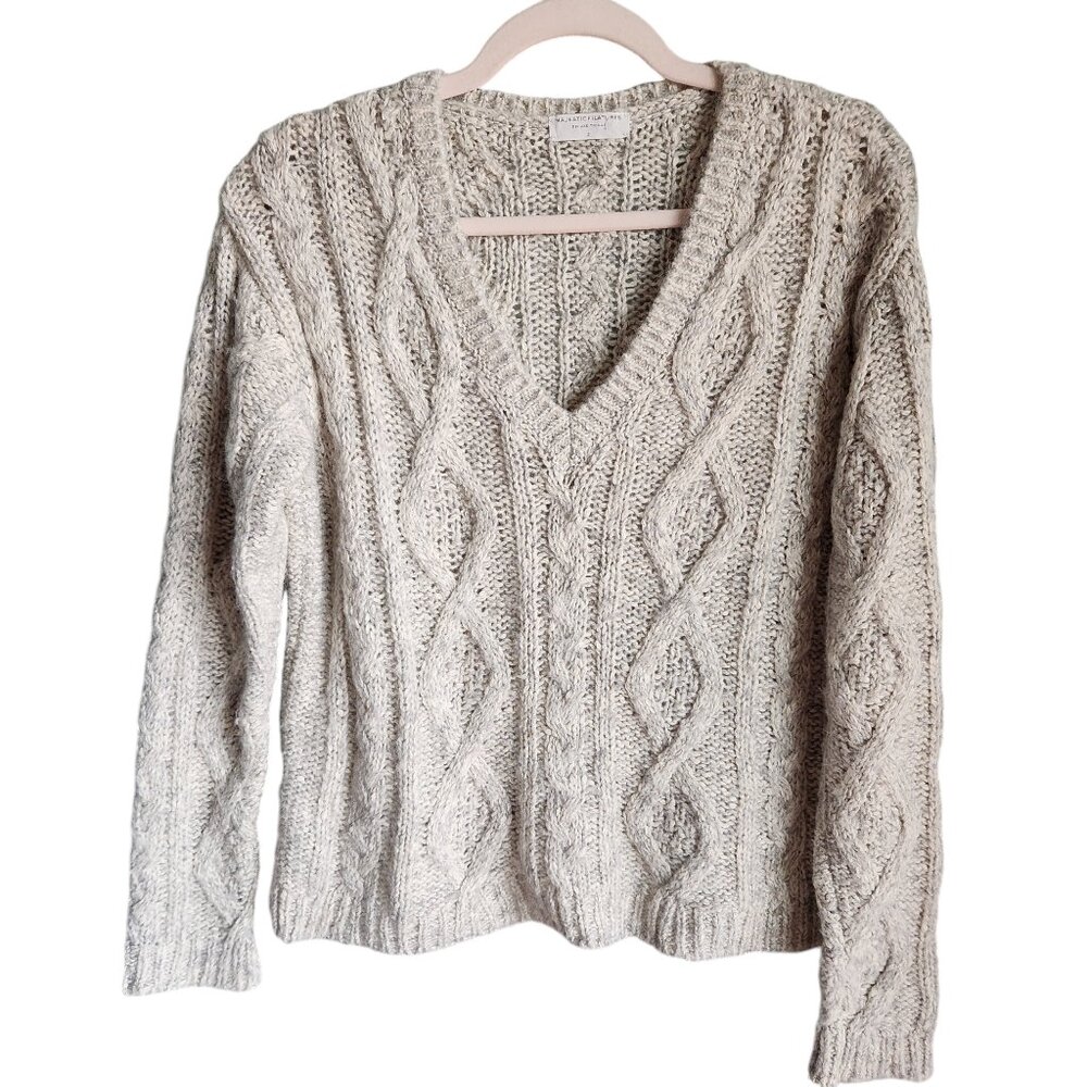 Majestic Beige Cable Knit V-Neck Sweater